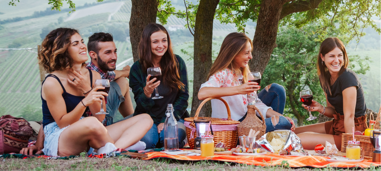 4 נשים וגבר בפארק יושבים על מחצלת בפיקניק עם אוכל
